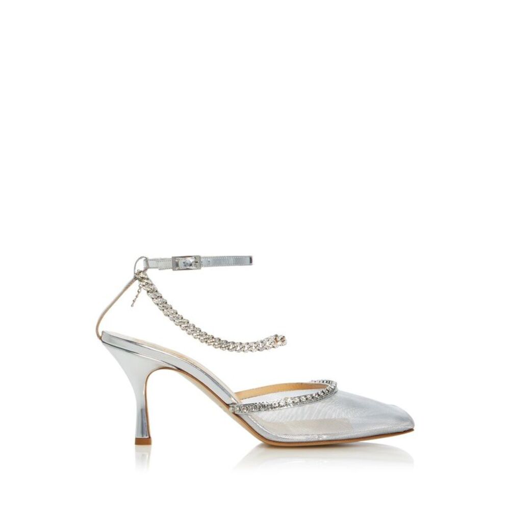 NALEBE Womens Silver Chain Crystal Mesh Stellar Square Toe Stiletto Pumps 39.5 - Picture 3 of 3